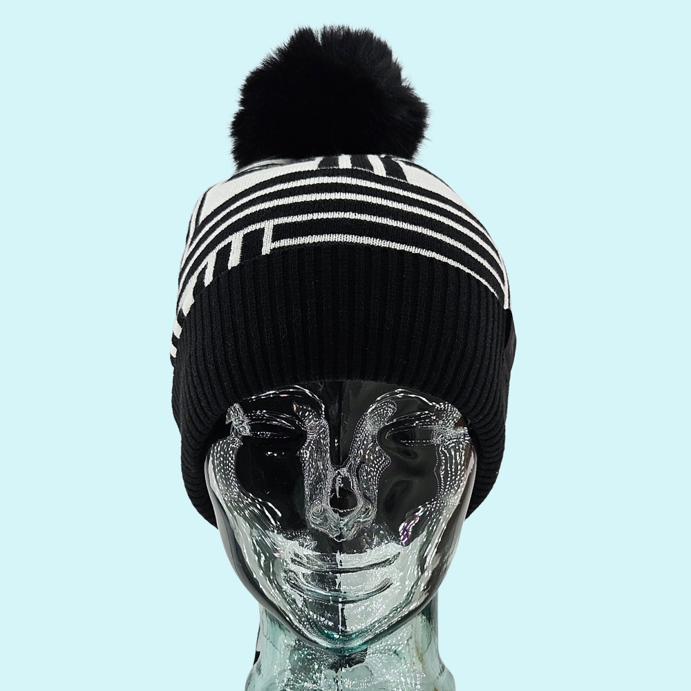 Karl Lagerfeld Hat Beanie Black Faux Fur Trim Pom Pom Lined Outdoor Cottagecore